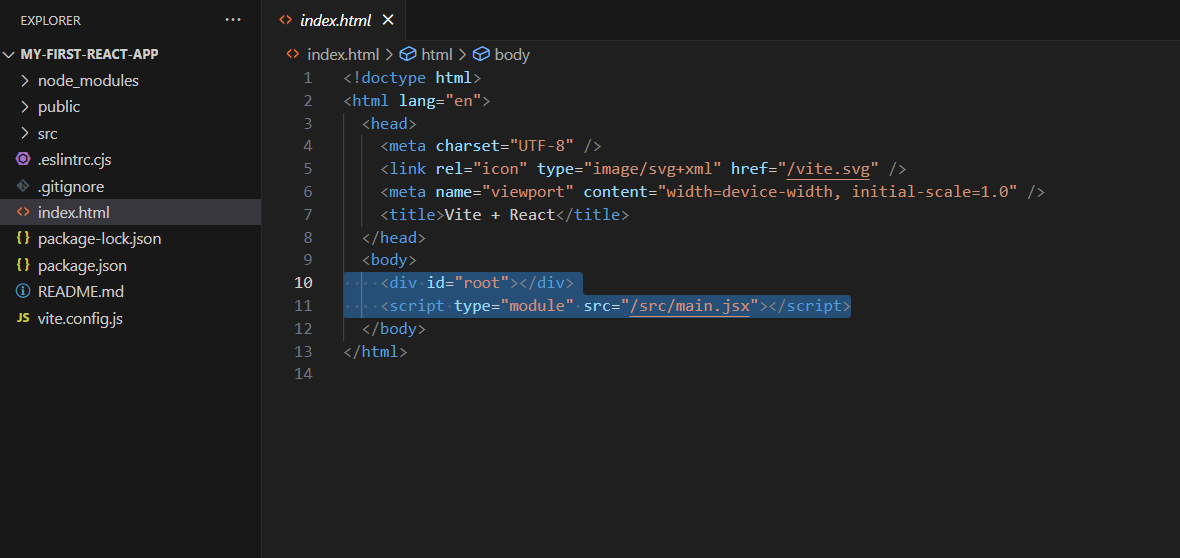 Screenshot of code editor of index.html file